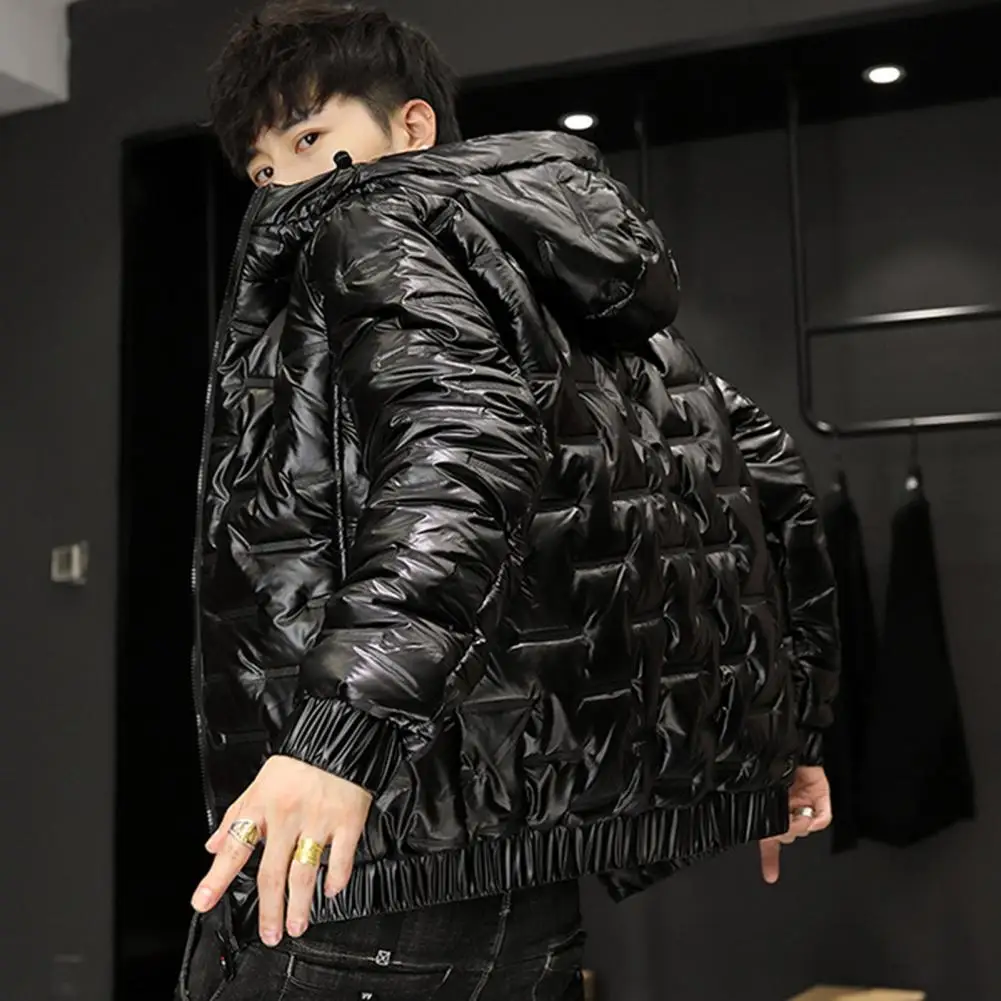 Streetwear Fashion Bright Silver Puffer Jackets for Men Thicken Winter Mens Coats Casual Hooded Cotton Wadded Heated Jacket Men