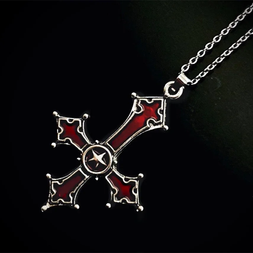 Blood red gothic inverted cross pendant necklace European and American punk style cross ornament