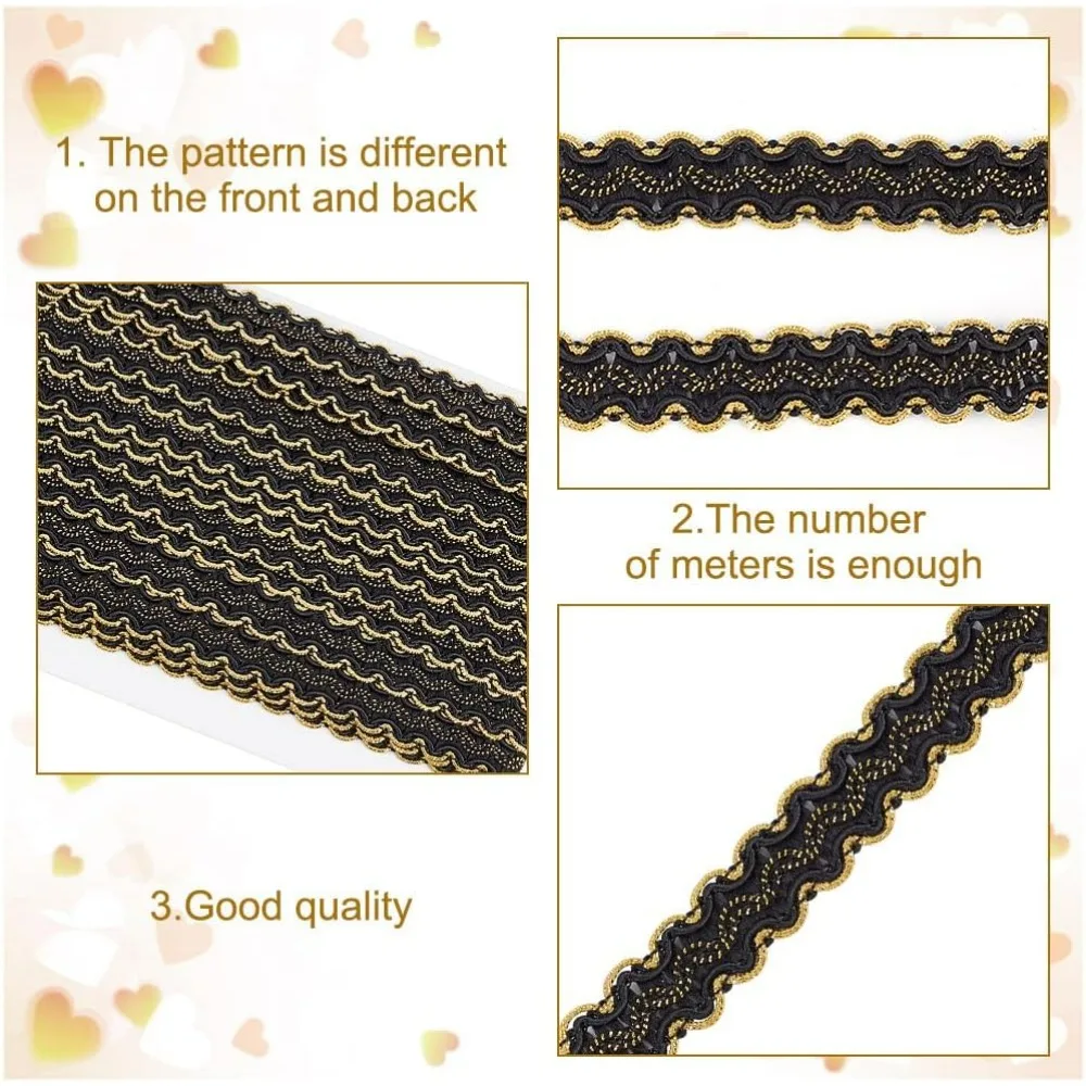 13 ياردة حواف جديلة سوداء 15 مللي متر/0.6 بوصة شريط زخرفي من البوليستر المنسوج من الدانتيل حافة سلك ذهبي على شكل حرف S