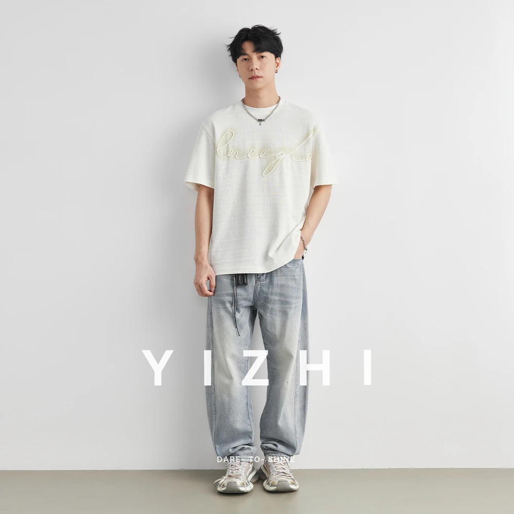 Men's Heavyweight 210g Lyocell Embroidered Letter T-shirt 2026 Summer New Jacquard Crew Neck Loose Casual Short Sleeve