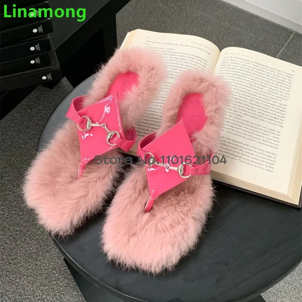 

Fur Flip Flops Flat With Slippers For Female Women 2024 New Metal Buckle Design Fashion Elegant Sexy Outside Solid Girl's Shoes