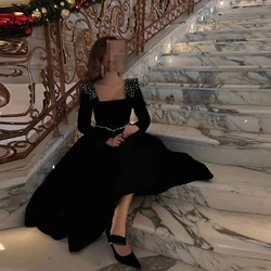 Black Velvet Prom Dresses Long Sleeves Dubai Arabia Vestidos De Noche Square Neck Customized Formal Evening Gowns Ankle Length