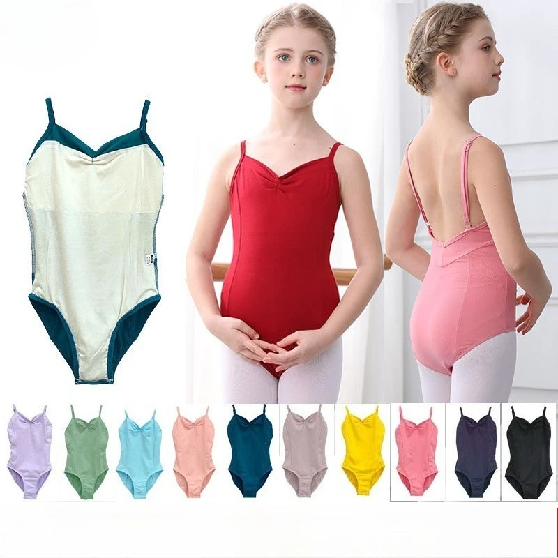 女の子用バレエレオタード、ダンスレオタード、vネック、スパゲッティストラップ、コットン素材、ダンスウェア、トレーニング、体操服、子供用ダンスコスチューム