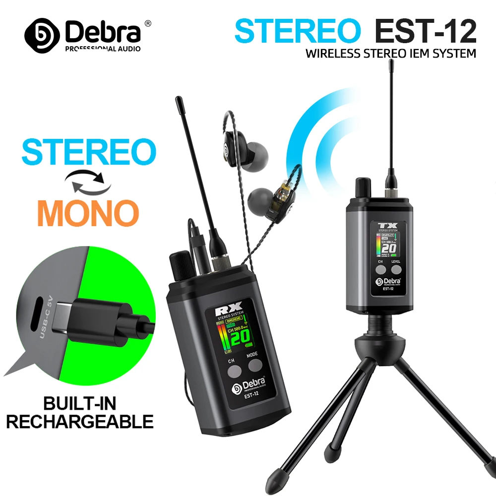 

Беспроводная стереосистема мониторинга Debra EST-12 UHF, портативная конструкция с функцией перезарядки, для использования на сцене и в церквях.