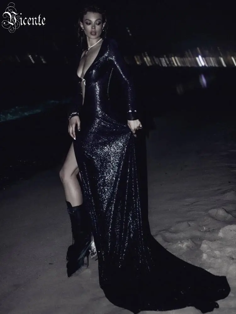 VC Fashion Sexy Black Backless Long Sleeves Maxi Dress with Sequins & Cut Out Details for Party Prom Evening Gown