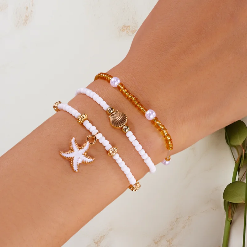 

Bohemian Starfish Shell Bracelet Set for Women Multilayer Rice Bead Imitation Pearl Pendant Necklace Anklet Vacation Jewelry
