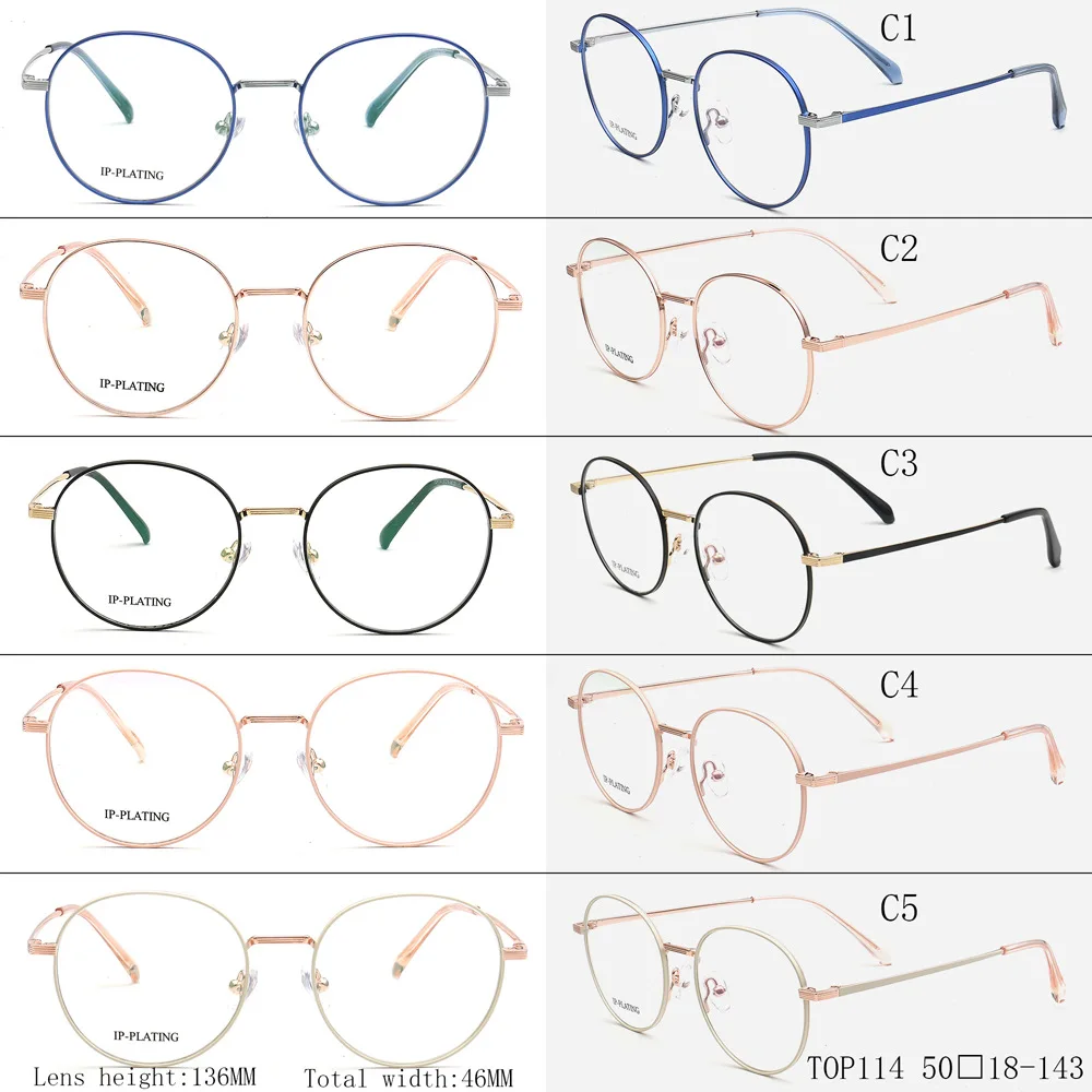 Fashion Round Eyeglasses Frame Light Metal Optical Glasses Prescription Ready Spectacles for Men & Women in Blue Pink Black Gold