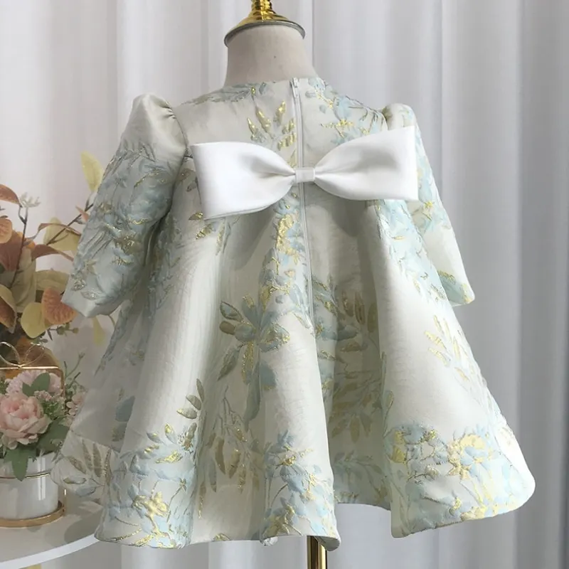 Baby Meisje Prinses Satijnen Jurk Baby Peuter Kind Vintage Boog Lange Mouw Vestido Party Pageant Verjaardag Babykleertjes 1-12Y