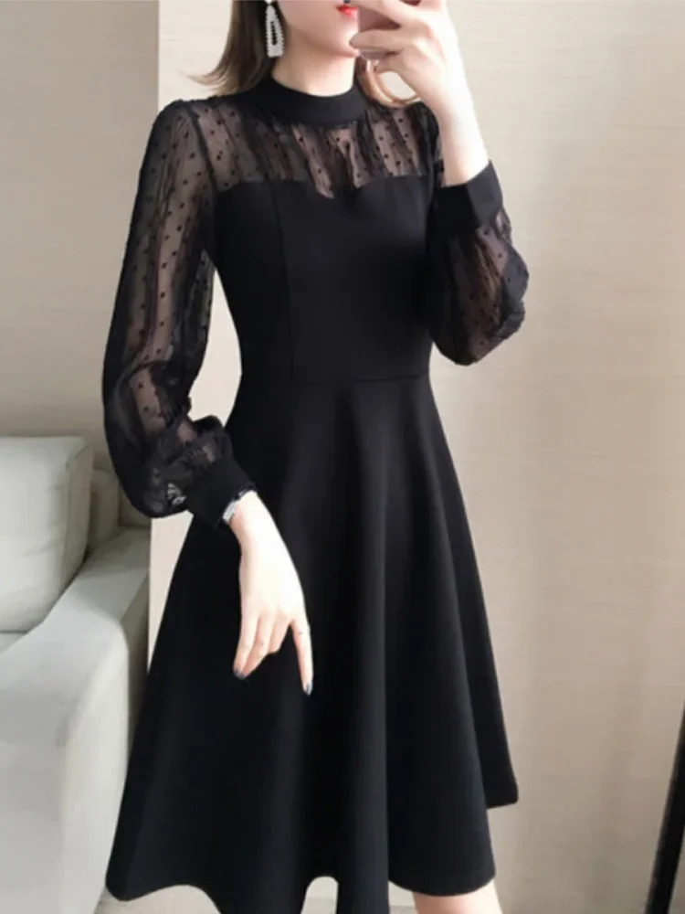 

QWEEK Black Lace Dress Women Vintage Elegant Dot Long Sleeve Mini Short Dresses Evening Party 2023 Spring Fashion O-neck