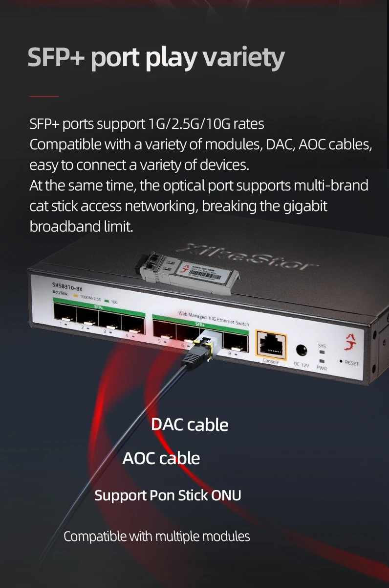 XikeStor Dreischichtiges Management Voll-10G-Switch, Kostengünstiger Switch, 8 1G/2.5G/10G SFP+ Optische Ports + 1 RJ45-Konsolenmanagement – Detail 12