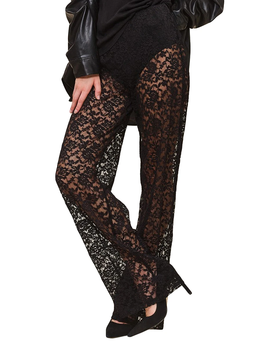 

2024 Gothic High Waist Wide Leg Flare Pants Bell-Bottoms Trousers Streetwear Spring New Women’s Sexy Sheer Black Lace Pants