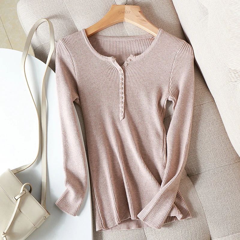 Autumn Winter Button V Neck Sweater Women Basic Slim Knitted Pullover Women Sweaters Knitted Jumper Ladies Tops