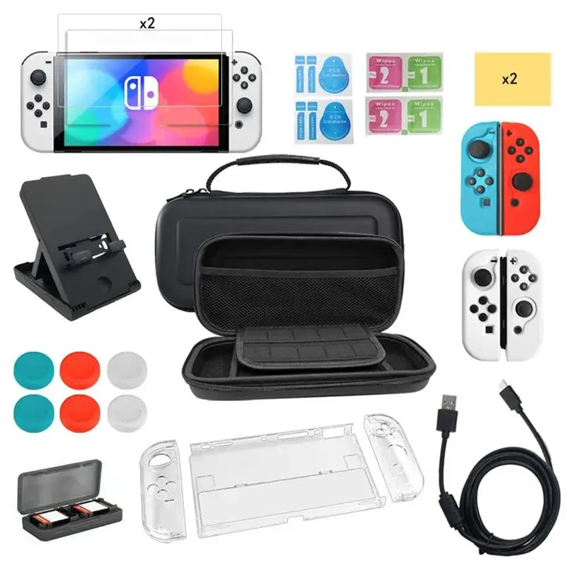 Dropshipping  For Switch Oled Game Console Protective Case Data Cable Tempered Film Rocker Cap Storage Bag 25-in-1 Set