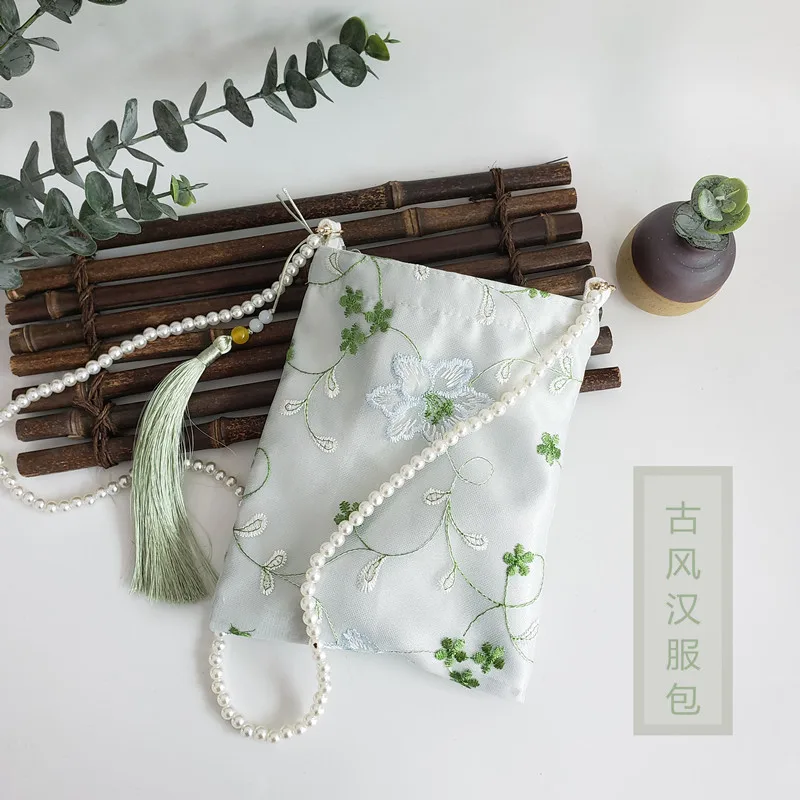 Tas Hanfu Bordir Renda Antik dengan Ritsleting Gaya Cina dan Tas Ponsel Silang Diagonal Kostum Kuno B1