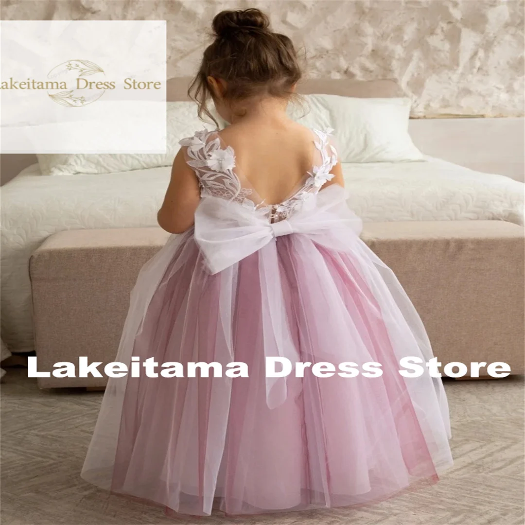 Customization Flower Girl Dresses Dark Pink White Tulle Flory Pattern With Bow Sleeveless For Wedding Birthday Party First Commu