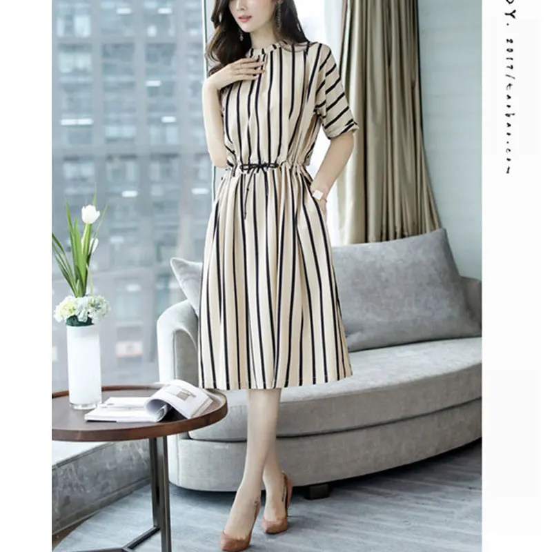 

Women's Short Sleeve Striped Corset Dress, Elegant, Simplicity, Casual, All-Match, Temperament, Long, Summer Clothes, Fashion