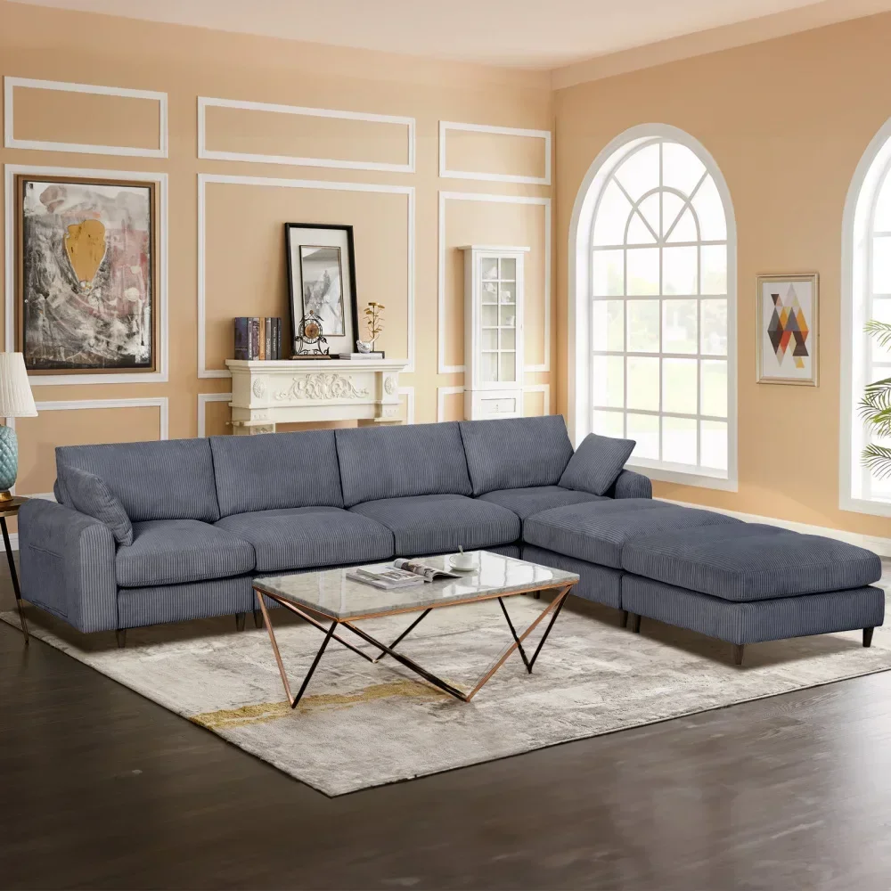 Modern Corduroy Modular Section Sofa, U-shaped Convertible L-shaped Sofa Set with Pillow Oversized Sectional Sofa with Footstool