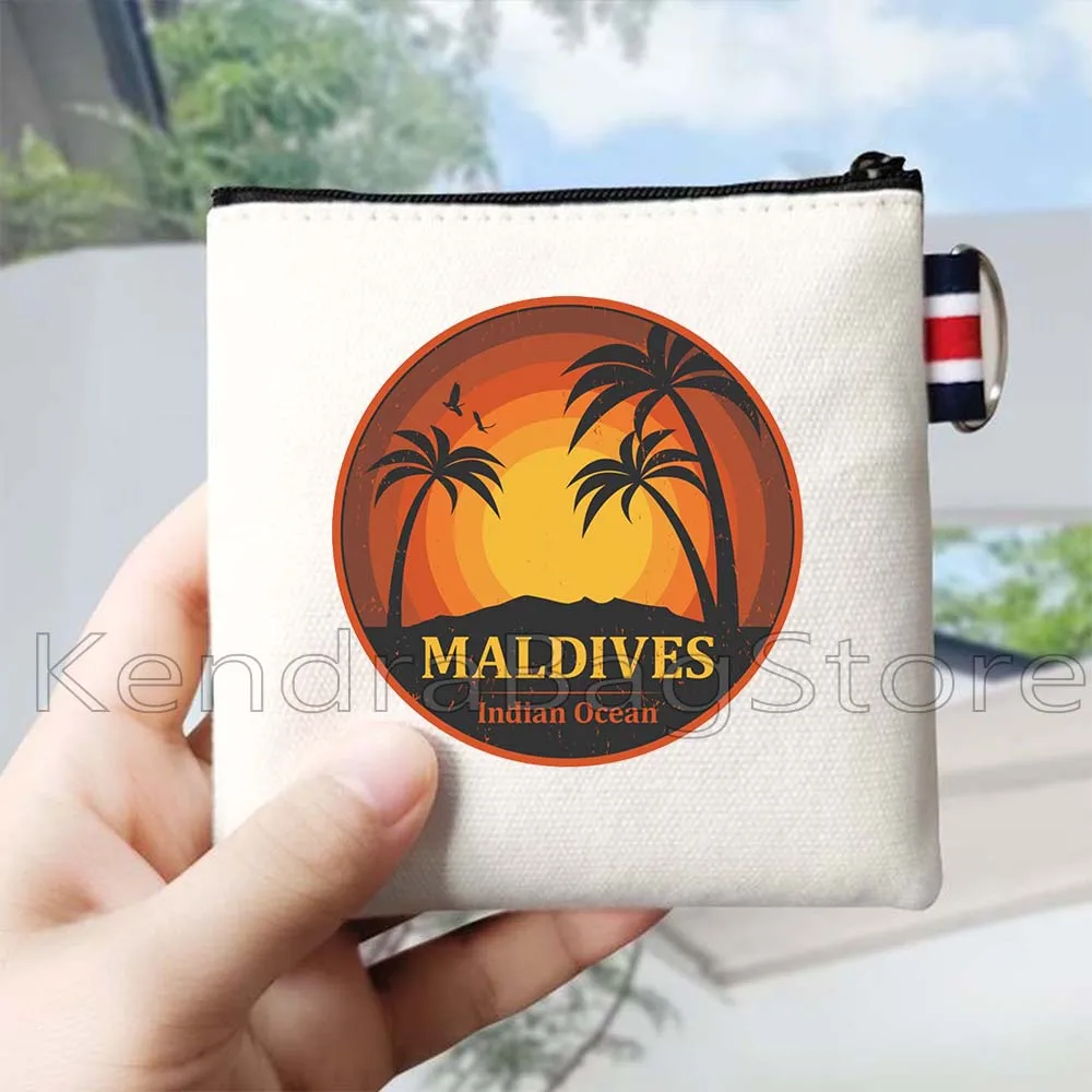 Vintage Maldivas Manta bandera mapa palmeras puesta de sol playa océano paisaje lienzo monedero cuadrado almacenamiento de llaves tarjeta bolsa cartera