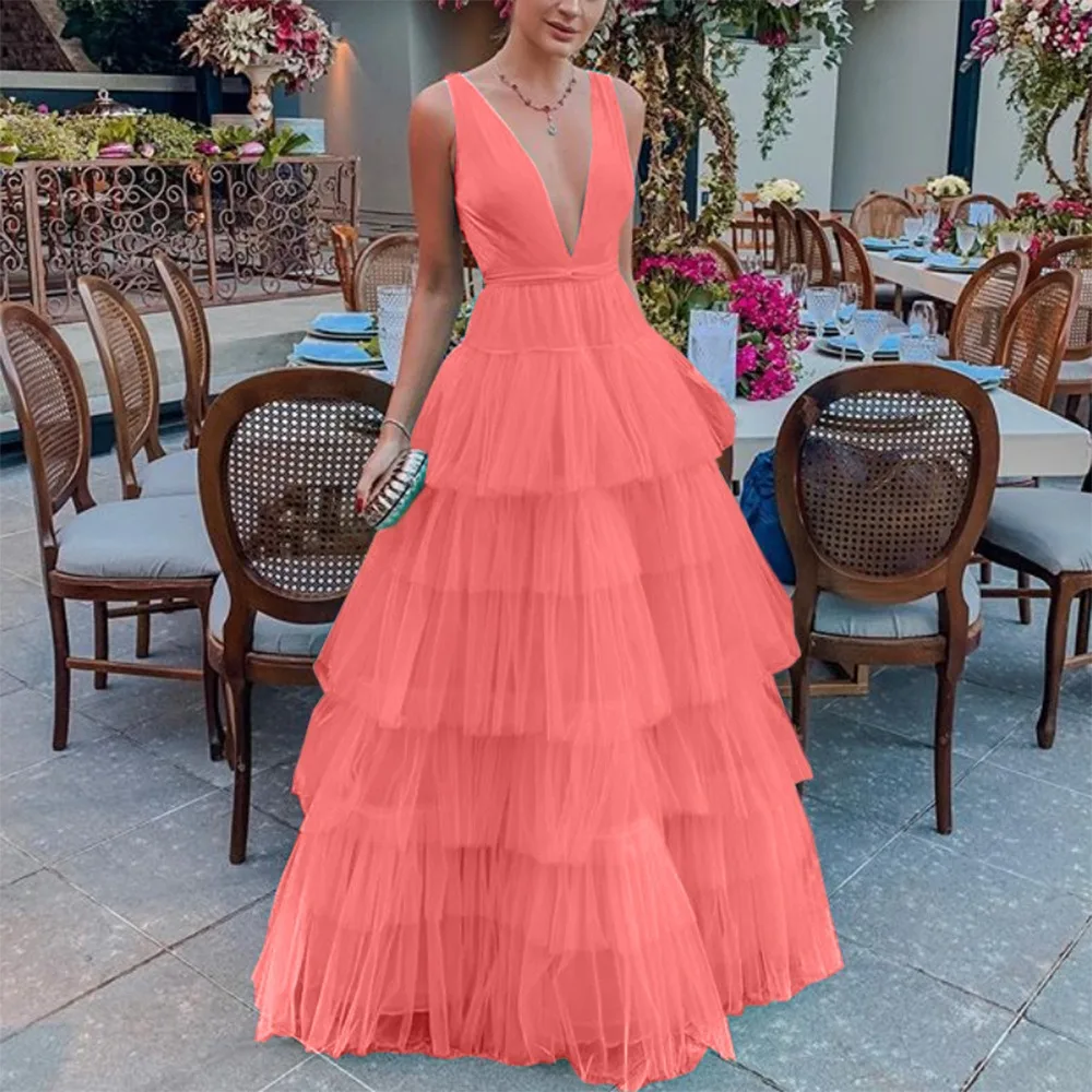 Vestido De fiesta De tul con volantes Para mujer, traje De fiesta con cuello en V, Para Eventos Especiales