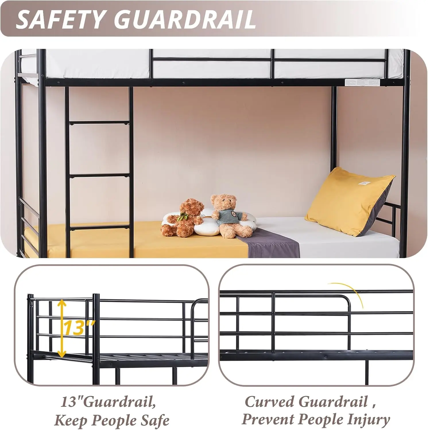 سرير مزدوج معدني أسود مع سلم ودرابزين