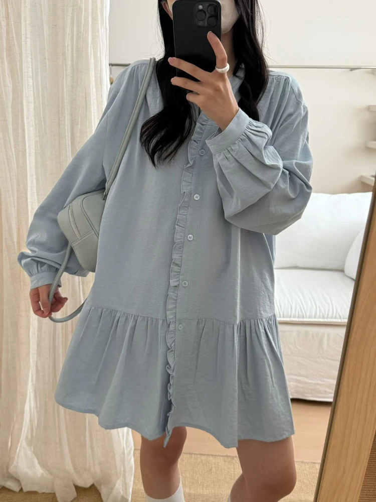 

Платье-рубашка женское с кружевной отделкой, весенняя новинка, свободный крой, универсальное, дышащее, с длинным рукавом и отложным воротником