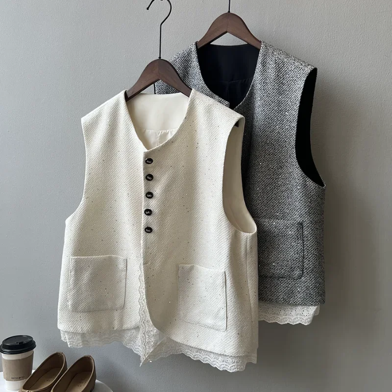 Lace Stitching Small Fragrance Round Neck Vest Women Wear Sleeveless Loose Shiny Sweet Tweed Coat Autumn 2024