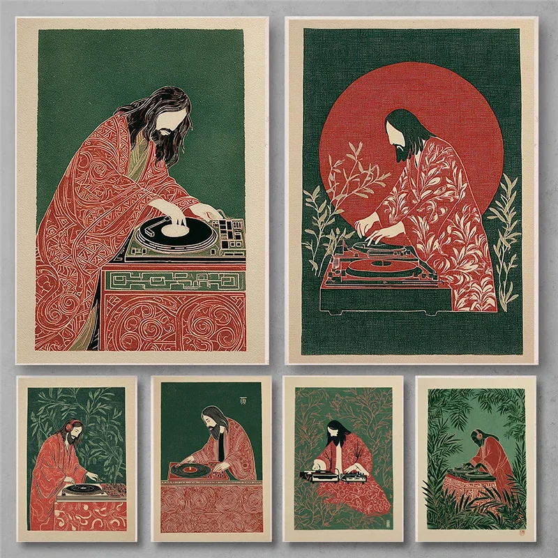 1pc frameless Canvas painting Humorous Jesus DJ Japanese Woodblock Music Posters Botanical Modern Prints Canvas Painting Wall Pi