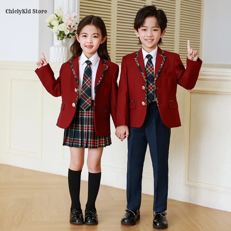 

Children British School Uniform Girls Korean Jacket Pleated Plaid Skirts Boys Blazers Pants Suits Kids Teens Student Clothes Set