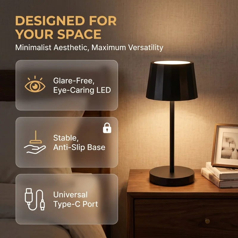 Rechargeable LED Table Lamp Tap to Illuminate Press Hold to Dim Place to Charge Universal Type-C Port Glare-Free Anti-Slip Base Eye-Caring LED Touch Switch 3 Levels Dimmable Desk Lights for Bar Club Dinner Creative Decorative Ambient Lighting