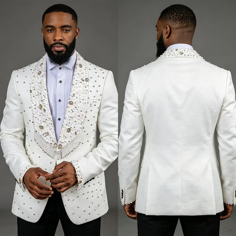 Elegant Wedding Tuxedos Crystal Beaded 2 Piece Set Men Suit Shawl Lapel Jacket Pant Evening Blazer Banquet Customized