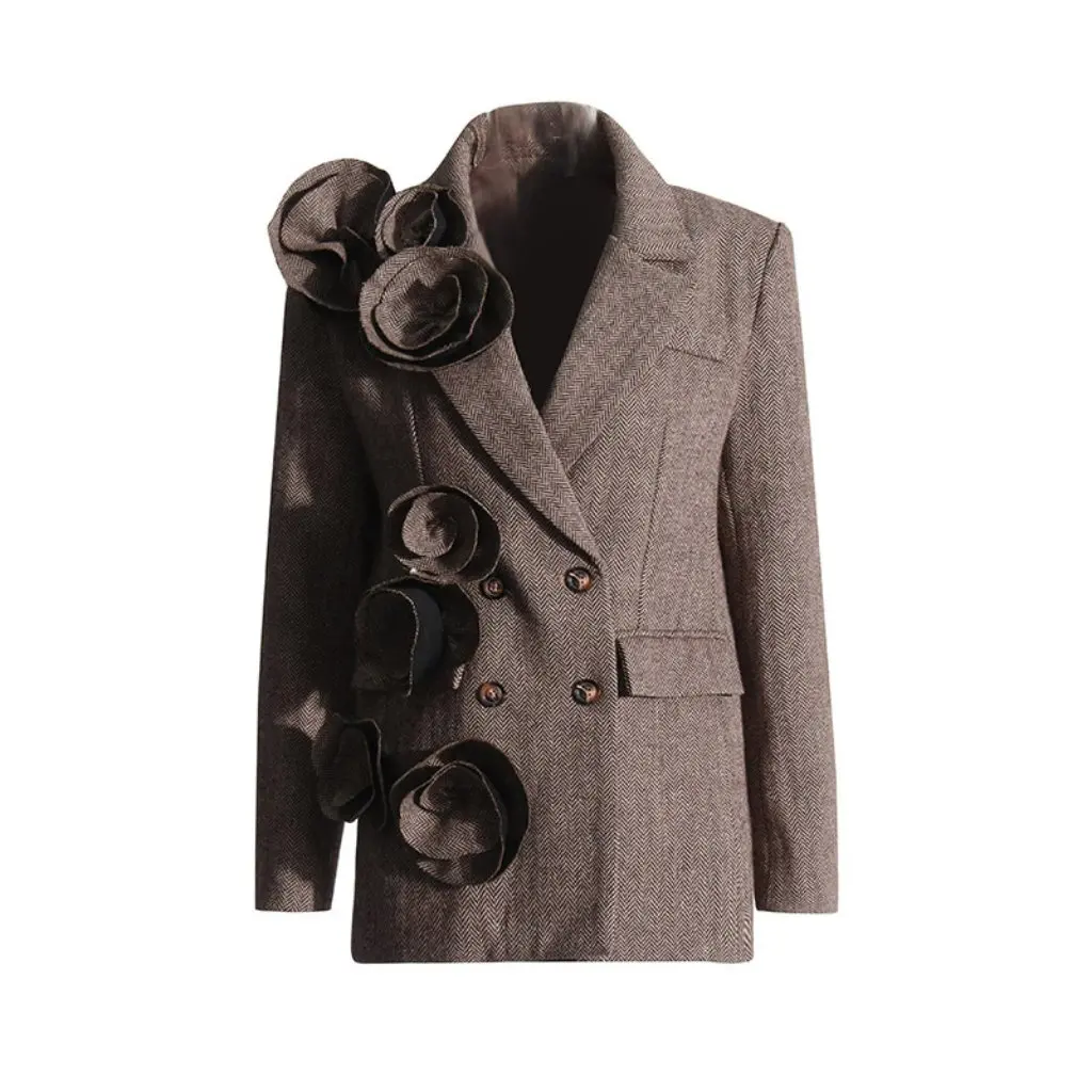 

Elegant Retro Women's Double-breasted Woolen Suit Jacket Autumn Handmade Three-dimensional Flower Design Fashion Top