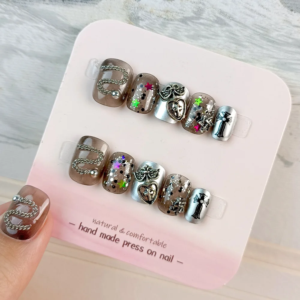 

10 Pieces of Divided Code Cross, Love Diamond-Encrusted Manicure, Retro Sequined Nail Paste,Handmade Phototherapy, Wearable Nail