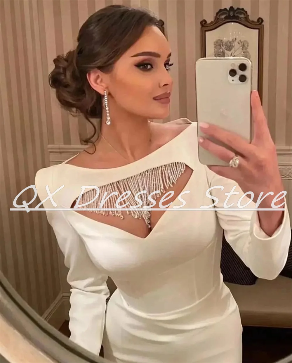 Customized Full Sleeves Cut-out Tassel Evening Dresses Side Slit Prom Gown Tea-Length Simple Straight Party  فساتين للحفلات الرا