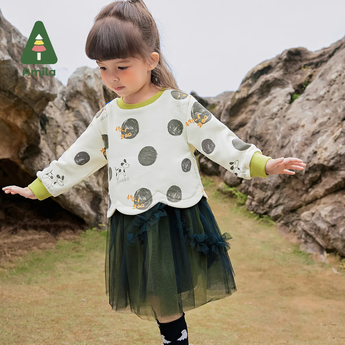 Amila Baby Dress 2024 Autumn New Girls Original Fake Two-Piece Round Neck Polka Dot Top Contrast Color Children’S Gauze Skirt