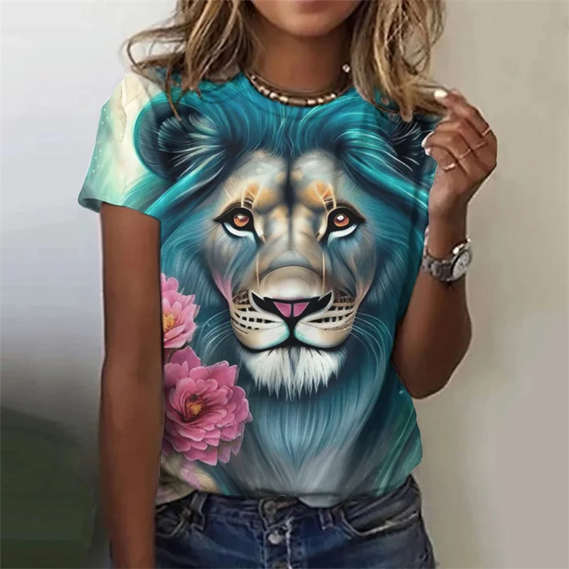 

Vintage Animals Print Women's T Shirts Summer Fashion Short Sleeve Top Tiger Print Oversized Female Clothing Ladies Floral Tees