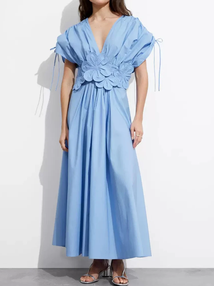 

Fashion, high-grade and big swing dress, summer new V-neck three-dimensional flower sleeve drawstring holiday temperament dress