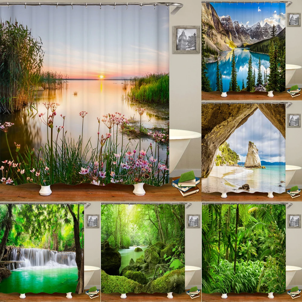 

Nature Forest landscape Shower Curtains Bathroom Curtain Frabic Waterproof Polyester Scenery Bath Curtain with Hooks