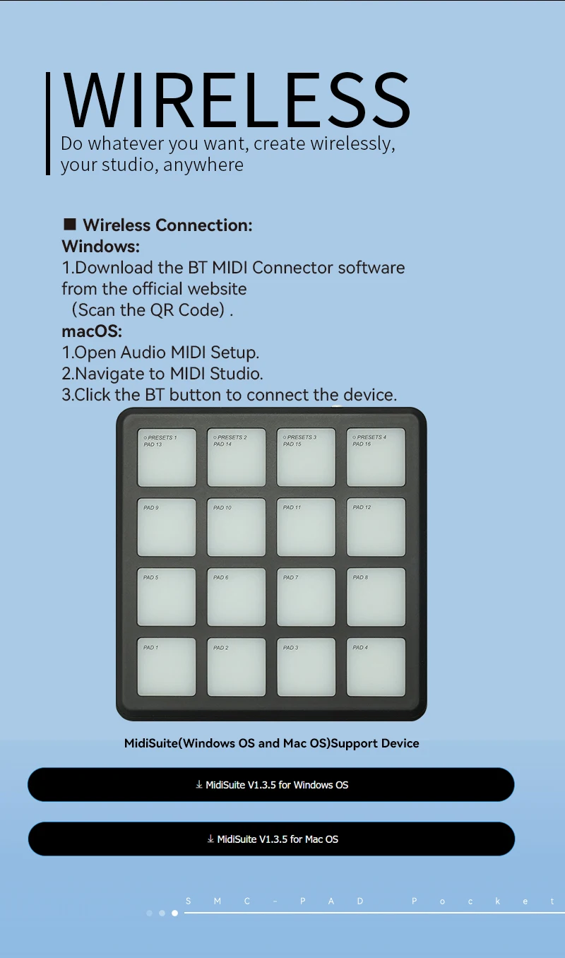 M-VAVE SMC-PAD لوحة الجيب المحمولة اللاسلكية ميدي تحكم 16 منصات مناسبة قرع DJ الموسيقى منظم لوحة المفاتيح تحكم #5
