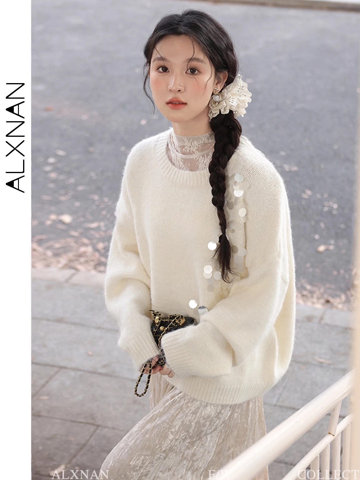 ALXNAN Damski Sweter z Okrągłym Dekoltem, Ozdobiony Brokatem, Dzianinowy Pulower, Nowy, Luźny Krój, Elegancki, Miękki Sweter na Jesień i Zimę L52669