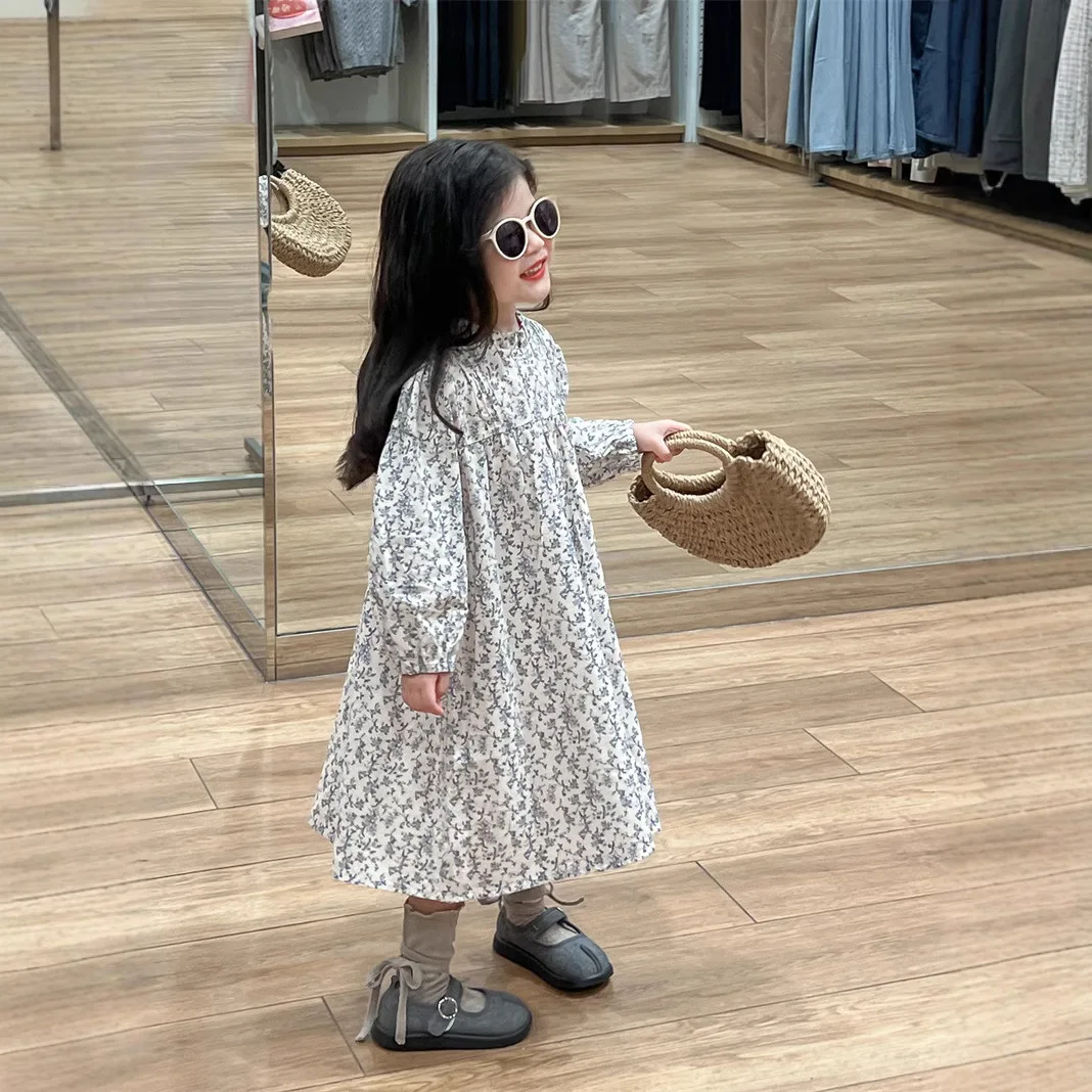 Skirt 2026 Spring New Korean Children Clothing Girl Forest Style Countryside Style Dress Small Stand Collar Floral Princess