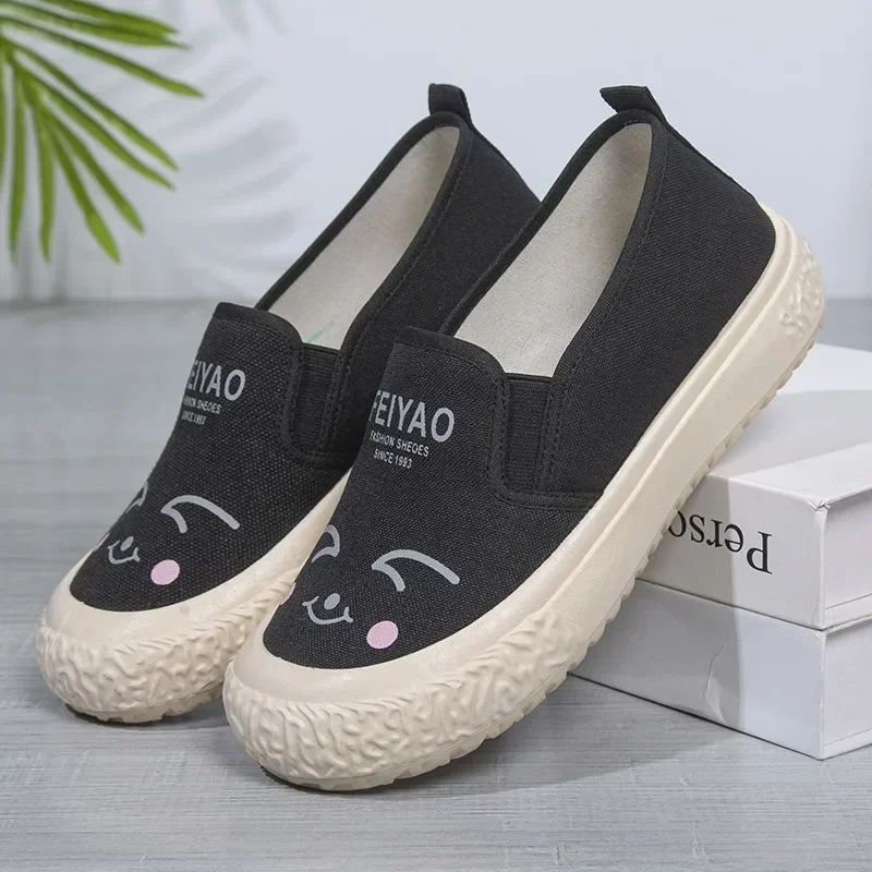 Zapatos de mujer de dibujos animados, mocasines sin cordones poco profundos, zapatos planos con punta redonda a la moda para caminar al aire libre, zapatos informales transpirables para mujer