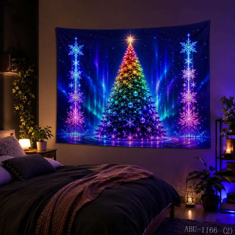 VIKAMA Rainbow Gradient Aurora Christmas Tree Ice Crystal Snow Mirror Christmas Tapestry HD Background Wall Room Decoration