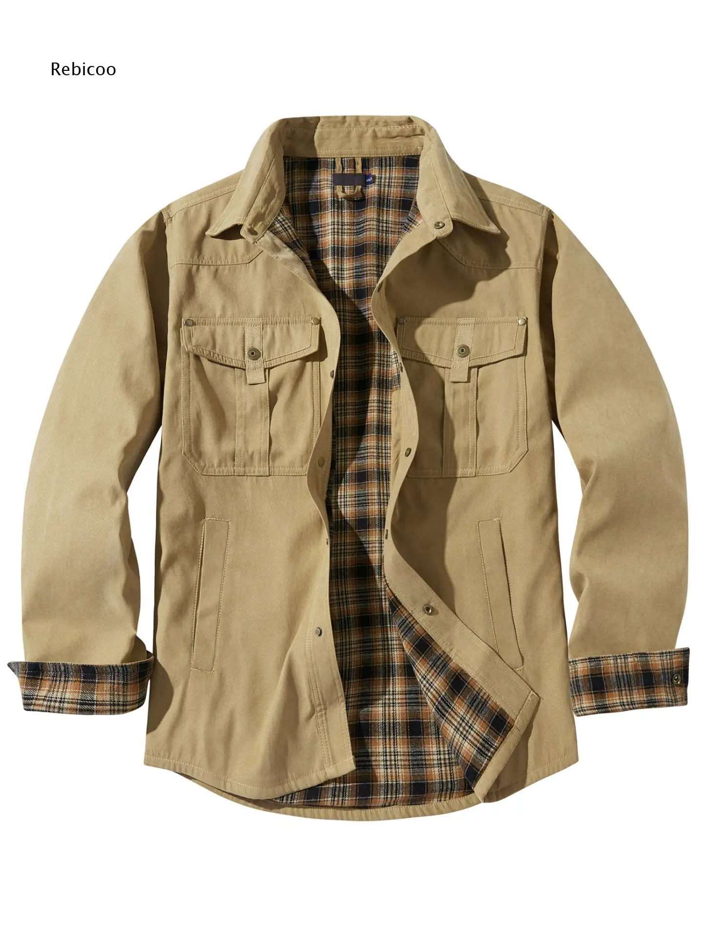 Lapel Button Closure Work Jacket For Men Multi Pockets And Plaid Lining Suitable For Street Wear And Casual Daily Use