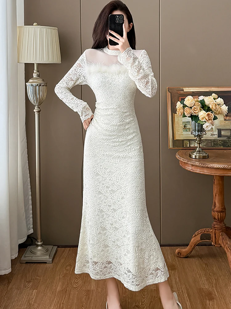 2025 Zwart Kant Patchwork Mesh Sheer Sexy Lange Jurk Vrouwen Elegante Luxe Verstoorde Prom Jurk Herfst Winter Koreaanse Bodycon Jurk