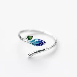 Sole Memory Cloisonne Flowers Drip Glaze Branches Petals Silver Color Female Resizable Opening Rings SRI880