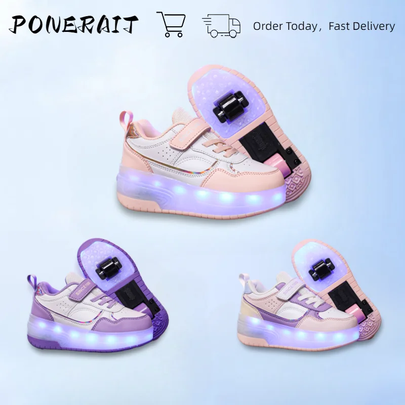 

Child Sneakers Skates Shoes With 2 Rolling Wheels,Children's 2-In-1 Walking Skates Boys And Girls Racing Wheel Shoes With Led