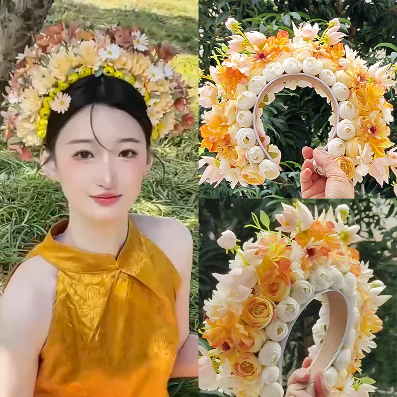 

Original Design Luxury Multi-layer Wide Flower Hairbands Crown Chinese Vintage Large Flower Headwear Photo Shoot Bride Headpiece