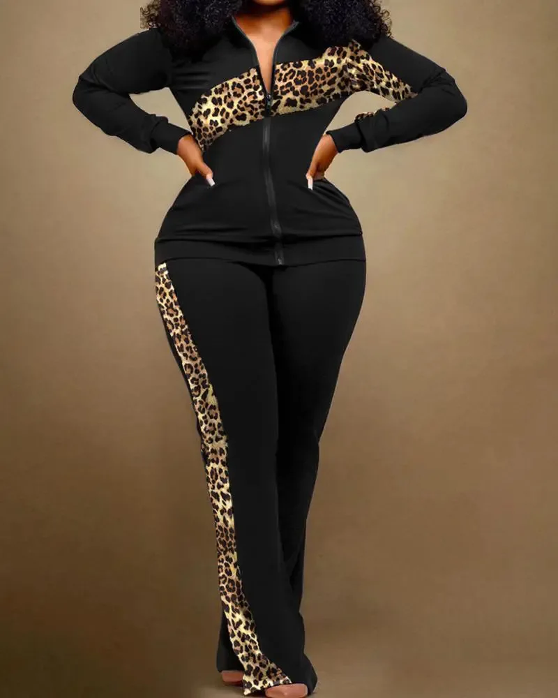 

2 Piece Set Women Outfit 2025 Spring Autumn Fashion Geometric Print Stand Collar Long Sleeve Zip Up Top Casual Sporty Pants Set