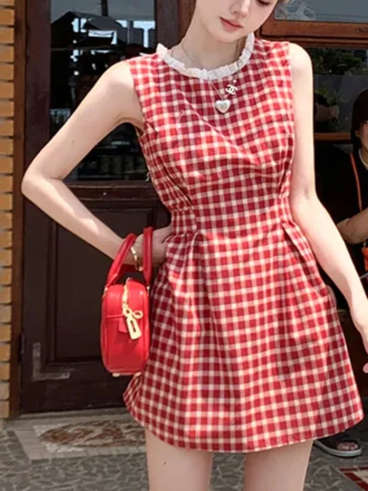 Summer Vintage Y2k Chic Mini Dress Women Korean Fashion Lace-up One Piece Dress Female Red Plaid Bow Slim Sleeveless Dress 2024