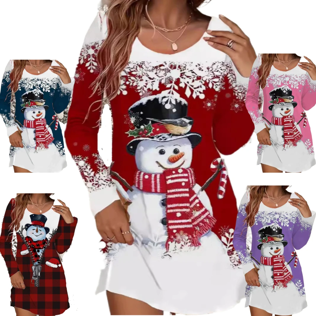 

Christmas Dress Women Casual O Neck Long Sleeve Printed Elegant Print Snowman Women's Dresses Long Sleeve Xmas Costumes